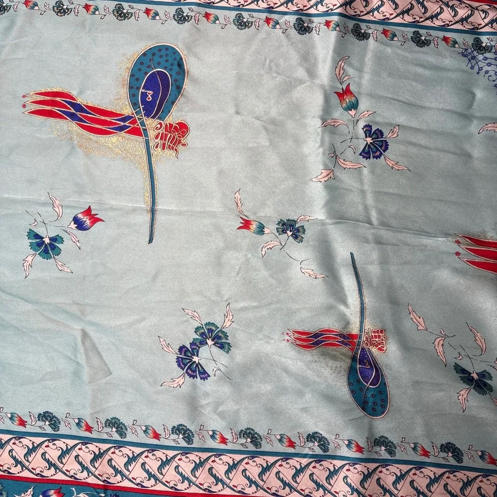 VTG Tilla 100% Silk floral Scarf shawl blue red made in Turkey 58x20 boho luxury